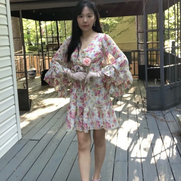 🍒RARE BETSEY JOHNSON Floral Rose BAMBI Boho Slip Bell Sleeves DRESS S  🍒✨ - Picture 3 of 13